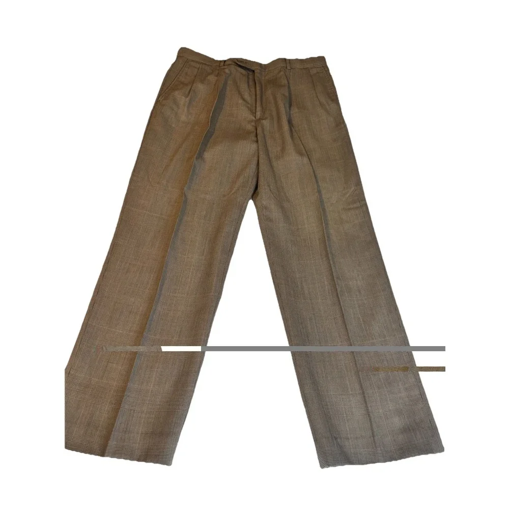 LANDS END Brown Windowpane Wool 2Pc SUIT‎ 44L Pleated Front Pants 36x30